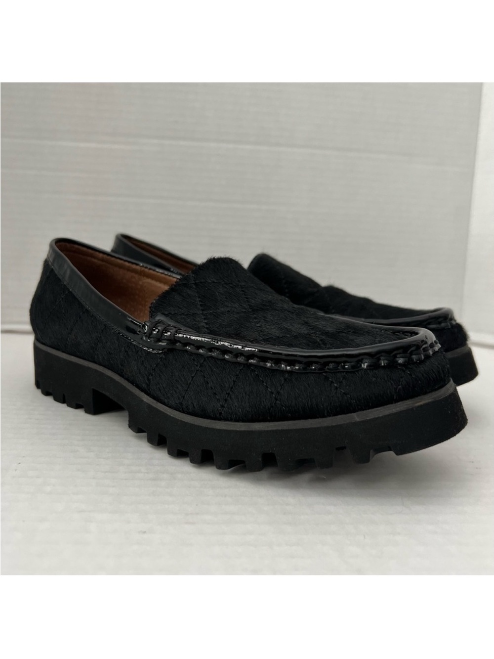 Donald Pliner Roko Blk Calf Hair Quilted Patent Leather Trim Loafer Women Size 7